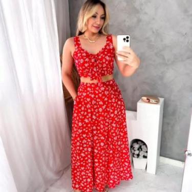 Imagem de Conjunto Cropped E Saia Viscolinho Feminino Liso E Estampado - NoBrand