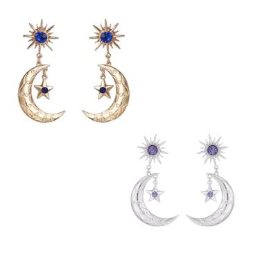 Imagem de 2 pares de brincos femininos de sol, estrela, lua, ouro, prata, sol e lua, lua crescente, lua e estrela, brincos de gota de sol e lua, joias presentes para ela, Metal, Sem pedra preciosa