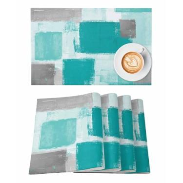 Imagem de Conjunto de 6 tapetes de mesa laváveis com textura de tinta abstrata para mesa de jantar de cozinha, tapetes de linho de algodão para decoração de festas internas e externas, arte abstrata retrô