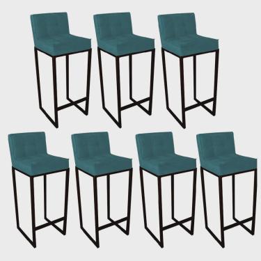 Imagem de Kit 07 Banqueta Alta Linne Com Encosto Cozinha Bar Balcão Bistrô Ferro Preto Suede Azul Turquesa - Ahz Móveis