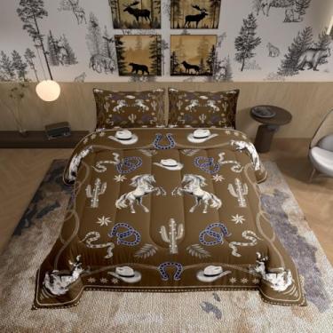 Imagem de Manfei Conjunto de edredom caubói ocidental, tamanho casal, rústico, tribal, estrela do Texas, ferradura, marrom, 3 peças, para adolescentes, retrô, fazenda, cavalos, cacto, edredom de plumas, 2