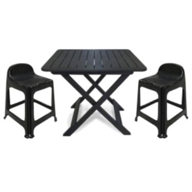 Imagem de Mesa Quadrada Dobrável 80x72cm Preta + 2 Banquetas Com Encosto