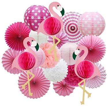 Imagem de Meiduo Tropical Flamingo Party Decoração de colmeia de mel, artigos de festa de verão havaiano para adultos crianças aniversário chá de noiva com flamingo papel fãs pompons flores papel lanternas (rosa)