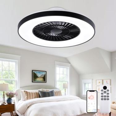 Imagem de HUMHOLD Ventilador De Teto De 24" Ventilador De Teto De Perfil Baixo Com Luz 3 Luzes Reguláveis E 6 Velocidades De Vento, Ventilador De Teto Sem Lâminas Fechado Para Quarto, Sala De Estar, Sala De E