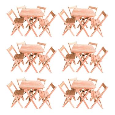 Imagem de Kit 6 Conjuntos Mesa Dobrável 70x70cm Para Bar Com 4 Cadeiras Em Madeira Maciça - Cru - Bege
