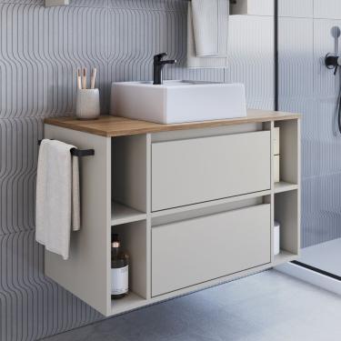 Imagem de Gabinete De Banheiro Suspenso 80cm Com 4 Nichos 1 Toalheiro 1 Porta 1 Gaveta Bh8010 Com Cuba Mel Arenas