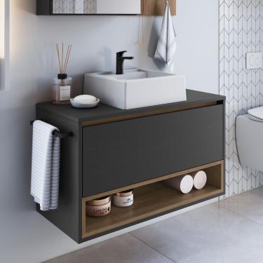 Imagem de Gabinete De Banheiro Suspenso 80cm Com 1 Nicho 1 Toalheiro 1 Porta Com Cuba Mel Grafite