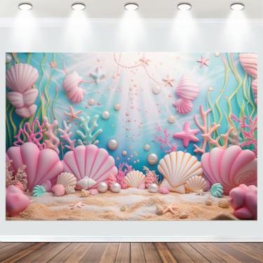 Imagem de Tecido 2,1 x 1,5 m sereia sob o mar cenário fotográfico blush rosa pérola concha coral luz solar subaquática tema sereia aniversário chá de bebê decoração foto banner adereços