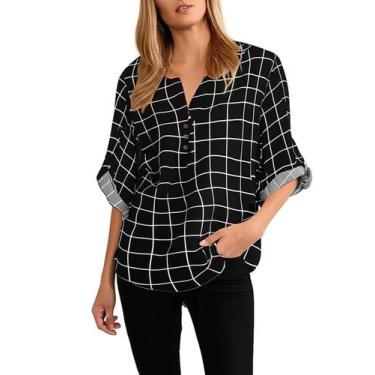 Imagem de Camisete Feminina Plus Size /Camisa Blusa Social Estampada Xadrez 2543