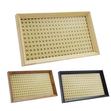 Imagem de Bandeja Decorativa Retangular com Palha Indiana e Vidro 22cm - MM, Beg