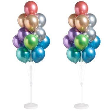 Imagem de Kit de coluna de balão para chão - Conjunto de 2 colunas coloridas de balão metálico cromado com suporte, base e mastro, decoração de pano de fundo de torre de balão de hélio para Natal, casamento
