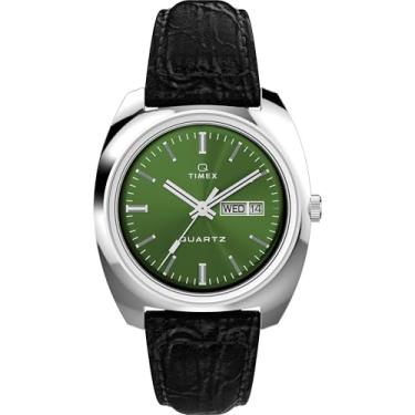Imagem de Timex Relógio masculino Q 1978 dia/data, 37 mm, pulseira preta, mostrador verde, caixa de aço inoxidável, Preto