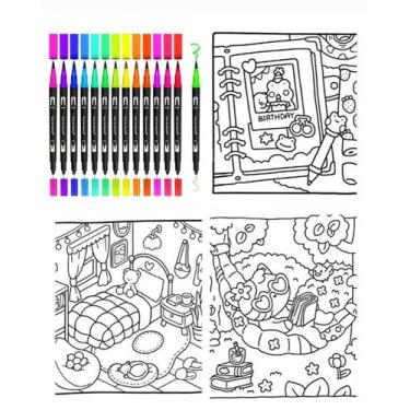 Imagem de Kit Livro De Colorir Para Relaxar Diversas Cores + 60 Canetas Marcador