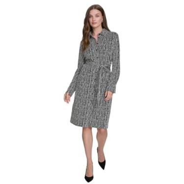 Imagem de Halston Vestido feminino de manga comprida com gola V, Preto/branco, 42