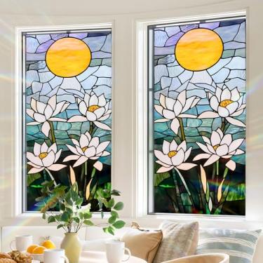 Imagem de BVBOX Película de privacidade para janela 44,5 cm x 99,8 cm, adesivo de filme de vitral com bloqueio de sol e lótus, adesivo de vidro decorativo não adesivo para controle de calor de porta doméstica