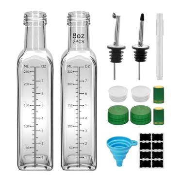 Imagem de 4 frascos dispensadores de azeite de oliva transparentes com escala de 236 ml, conjunto de dispensador de óleo de vidro e vinagre de 250 ml com despejadores e funil, garrafas de óleo para cozinha