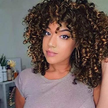 Imagem de Perucas curtas encaracoladas para mulheres negras – castanho ombré #4T30 peruca de cabelo afro crespo sintético afro com franja (1 pente profissional de peruca e 4 toucas de peruca)