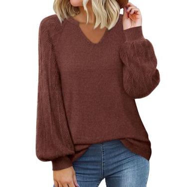 Imagem de Suéteres femininos Messic FireBrick com decote em V, manga comprida, c
