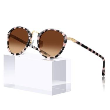 Imagem de CARFIA Óculos De Sol Femininos De Acetato Com Armação Xadrez Rosa E Preto, Polarizados, Com Proteção Uv, Ponte De Metal, Retrô, Fashion, Redondos