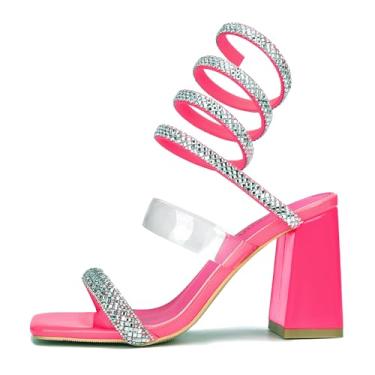 Imagem de CAMSSOO Sandálias femininas de strass com tiras grossas, bico quadrado, tira no tornozelo, salto alto, formatura, festa de casamento, 8 cm, Rosa neon, 35