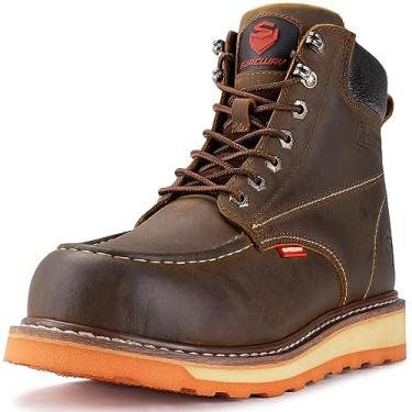 Imagem de SUREWAY Botas de trabalho masculinas resistentes, macias/compostas/biqueira de aço, confortáveis, GoodyearWelt, couro de flor integral, botas de construção moc toe de 15 cm, Marrom, 41