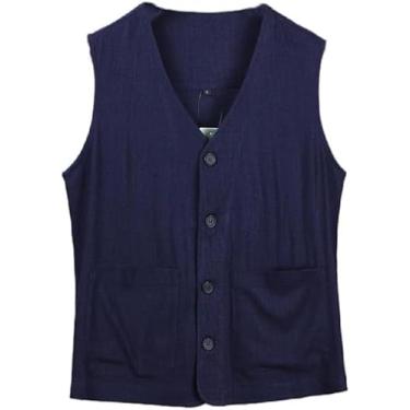 Imagem de Verão Colete De Linho Para Homens De Um único Peito Blazer De Terno Fino Veset Sem Mangas Blazer Casual Vintage Loose Fit Jaqueta Esportiva Verão Lazer Jaqueta Top, navy, M