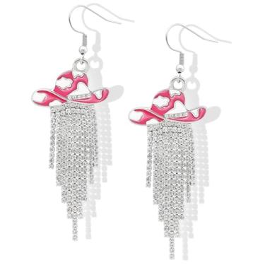 Imagem de RechicGu Western Cowgirl Chapéu Esmaltado Brilhante Strass Borla Brincos Pendentes Baile Country Concertos Rodeio Cowboy Roupas Joias Presente para Mulheres, Zinco, Sem pedra preciosa