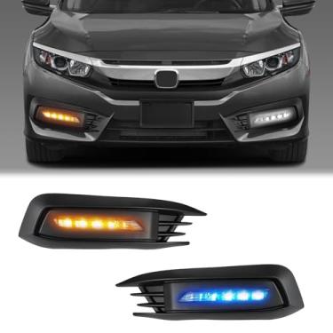 Imagem de Fancemot Faróis de neblina LED com DRL, seta sequencial e farol baixo azul – compatível com Honda Civic Sedan 2016–2018 – Luzes brancas de circulação diurna, luzes de sinal âmbar