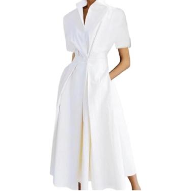 Imagem de Vestido De Botão Para Baixo Lapela Decote V Vestido Longo Com 2 Bolsos Laterais Vestido Maxi Casual Vestidos Soltos Para Mulheres Vestido De Camisa De Linha A, White, XL