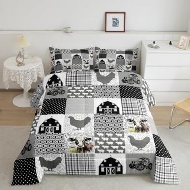 Imagem de Farmhouse Barn, conjunto de edredom casal, vaca leiteira, galinha, porco, animais, coleção de edredons de quarto, estampa geométrica preta xadrez para meninas e adolescentes