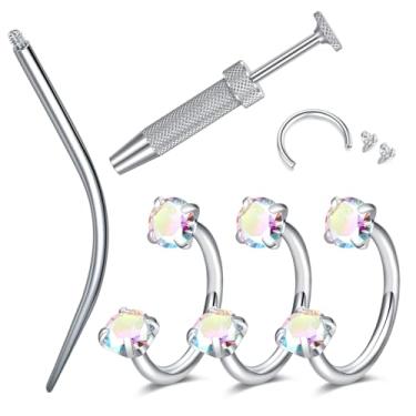 Imagem de LAURITAMI Piercing de nariz de ferradura de 18 g, anel de nariz de aço cirúrgico colorido, zircônia cúbica, piercing de nariz roscado internamente para mulheres