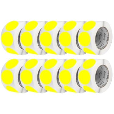 Imagem de Perco Etiquetas adesivas fluorescentes amarelas perfuradas de 7,5 cm — 10 rolos, 5.000 adesivos redondos — com adesivo permanente para caixas de mudança, sinalização de venda, monitores, mensagens de