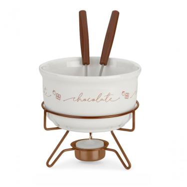 Imagem de Conjunto Aparelho De Fondue Chocolate Porcelana Casal 5 Peças Doce Frutas Cerâmica