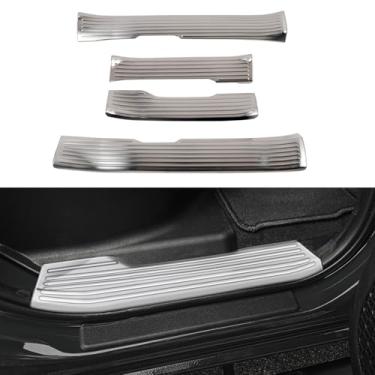 Imagem de Para Toyota Tacoma 4 portas 2024 2025 placa de limite de soleira de porta de carro pedal de porta protetor de chute de porta guarnição de aço inoxidável acessórios de carro 4 peças (interior, prata)