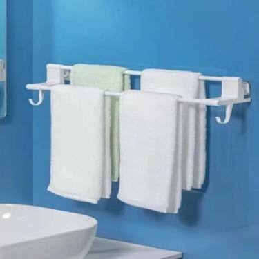Imagem de Porta Toalha Para Banheiro DUPLA CAMADA COM GANCHOS Sem Furo Com Suporte De Adesivos Multiuso(Branco)