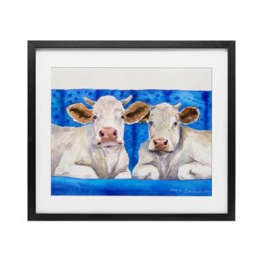 Imagem de Stupell Industries Impressão emoldurada de duas vacas brancas em azul e branco sob vidro, design de George Dyachenko, 17 x 21