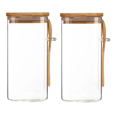 Imagem de Kit 2 Potes de Vidro Tampa Hermética de Bambu e Colher 1,3L