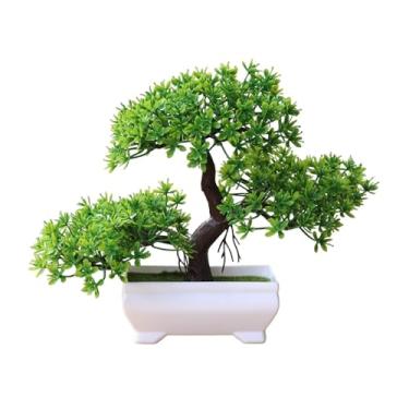 Imagem de Mini árvore de bonsai – pinheiro acolhedor de três pontas, planta pequena decorativa perfeita para mesa, árvore artificial em um vaso de cimento de plástico para casa e escritório, rosa