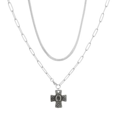 Imagem de MANZHEN Colar de cruz grossa para mulheres, pingente de cruz com inicial em camadas, vintage, clipe de papel, espinha de peixe, gargantilha de cobra, joia de fantasia, 18 Inches, Metal, Sem Pedra
