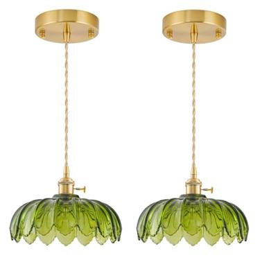 Imagem de GMTB Pacote com 2 luzes pendentes de vidro, ilha de cozinha, luminárias pendentes de latão vintage, iluminação pendente de cozinha verde ajustável sobre a ilha para quarto, sala de estar, corredor
