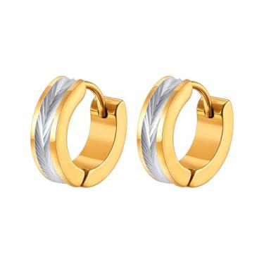 Imagem de Brincos de argola masculinos de aço inoxidável com design gravado pequenos brincos de ouro prata preto hipoalergênico moda joias para uso diário cartilagem brincos presente, 1.3cm*0.4cm, Aço