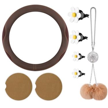 Imagem de BBTO Conjunto de 4 peças de acessórios de carro marrom, inclui capa de volante de carro para mulheres, 2 peças de cerâmica absorvente tapete de copo de carro enfeite de pendurar para carro (clássico)