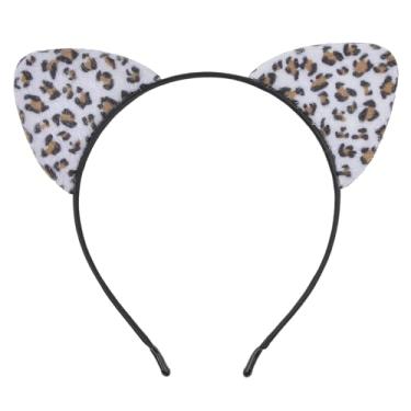 Imagem de HoveBeaty Orelhas de gato pretas, tiara de orelhas de gato, orelhas de gato macias, acessórios de cabelo para baile de máscaras de cosplay de Halloween (leopardo branco)