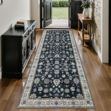 Imagem de Tangsoo Tapete de corredor de 6 x 20 cm, tapete floral vintage lavável antiderrapante para entrada de corredor interno, tapete preto estampado, macio de pelo baixo longo para cozinha e quarto
