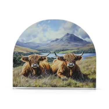 Imagem de JUZIHAI Highland Cows Porta-guardanapos para mesa Dispensador de guardanapos de acrílico para mesa Suporte de lenços independente para cozinha sala de jantar bar festa decoração de casa