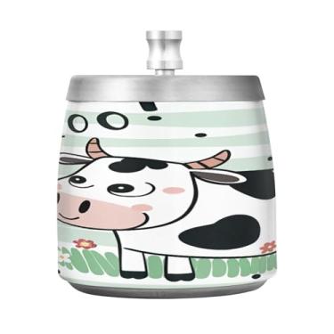 Imagem de Qilmy Cinzeiro de aço inoxidável de vaca listrado fofo com tampa - Cinzeiro de cigarro à prova de vento sem cheiro sem fumaça para casa, escritório, carro, pátio, varanda (uso interno e externo)