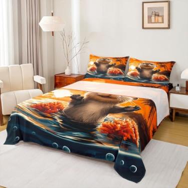 Imagem de Erosebridal Jogo de lençol Queen com desenho de lontra fofo, para crianças, lago, mar, oceano, animais, palmeiras, corais, plantas tropicais, lençol com elástico