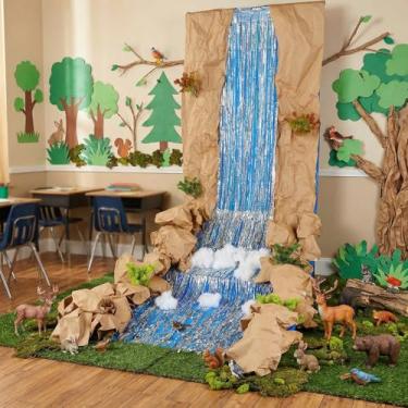 Imagem de Norme Kit de paisagismo em cascata de sala de aula, inclui tecido de fundo azul de cortina de chuva a laser, papel kraft de algodão e vegetação artificial para decoração de festa em ambientes internos