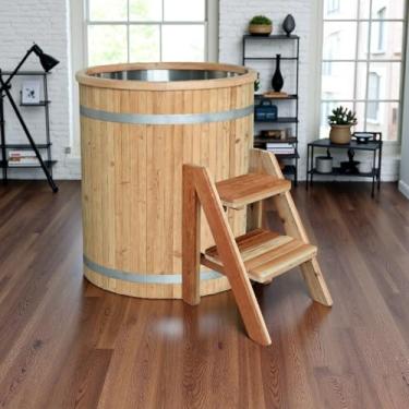 Imagem de Banheira de imersão a frio ao ar livre com refrigerador – barril de banho de gelo de madeira de cedro personalizado, tanque interno de aço inoxidável 304, banheira de imersão de água fria e quente