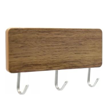 Imagem de Porta-Chaves de Parede com 3 Ganchos, Madeira Natural com Metal, 13 cm, Design Compacto e Funcional